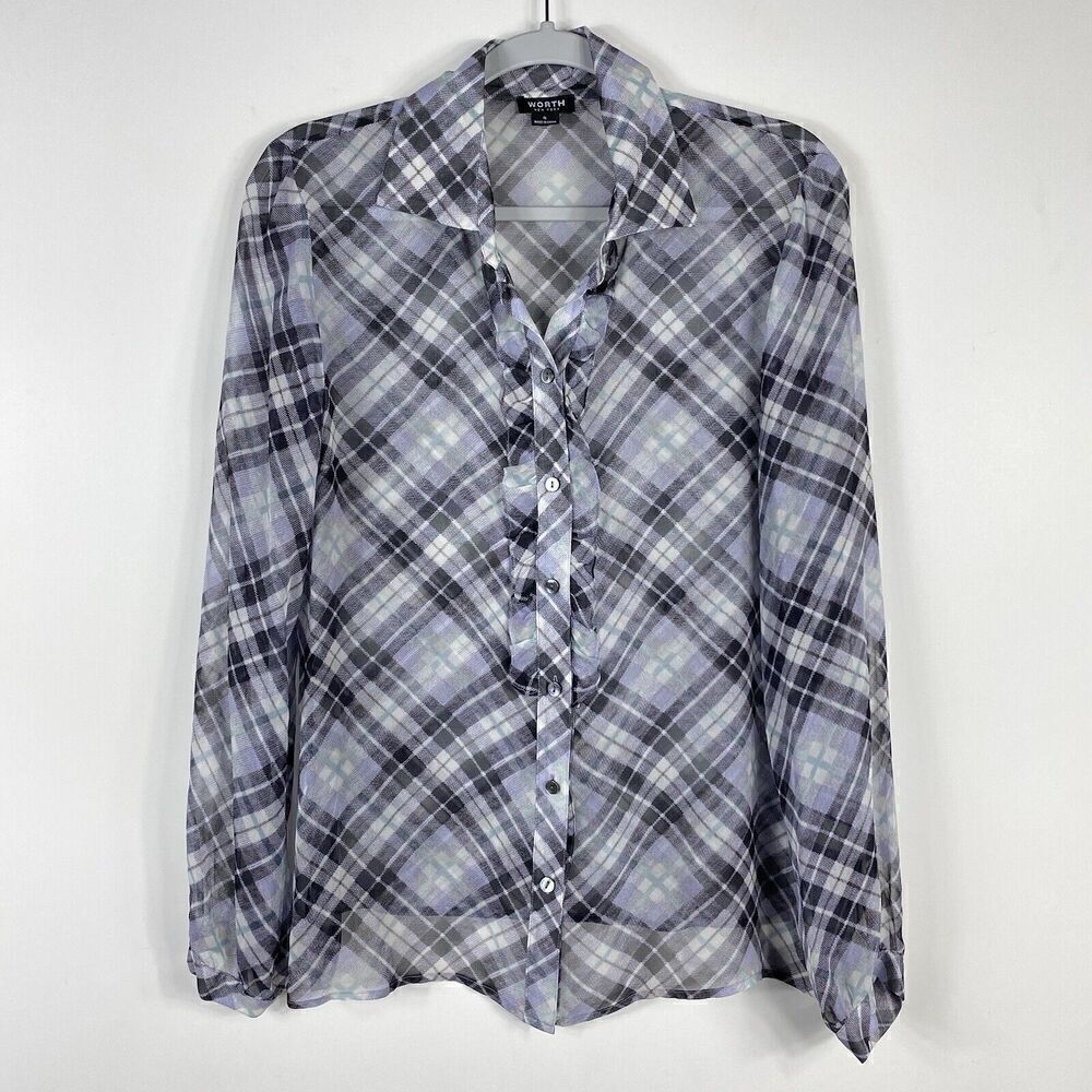 Worth Size Small 100% Silk Long Sleeve Plaid Button Shirt Blouse Top Purple